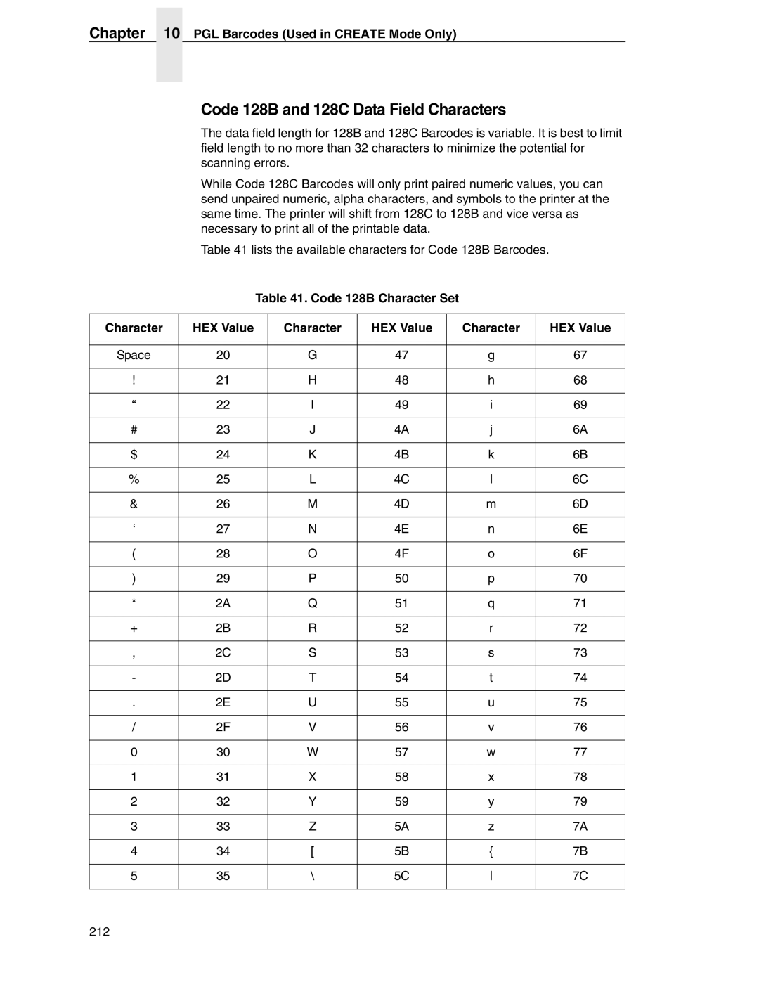 Tally Genicom 6600 manual Code 128B and 128C Data Field Characters, Code 128B Character Set HEX Value 