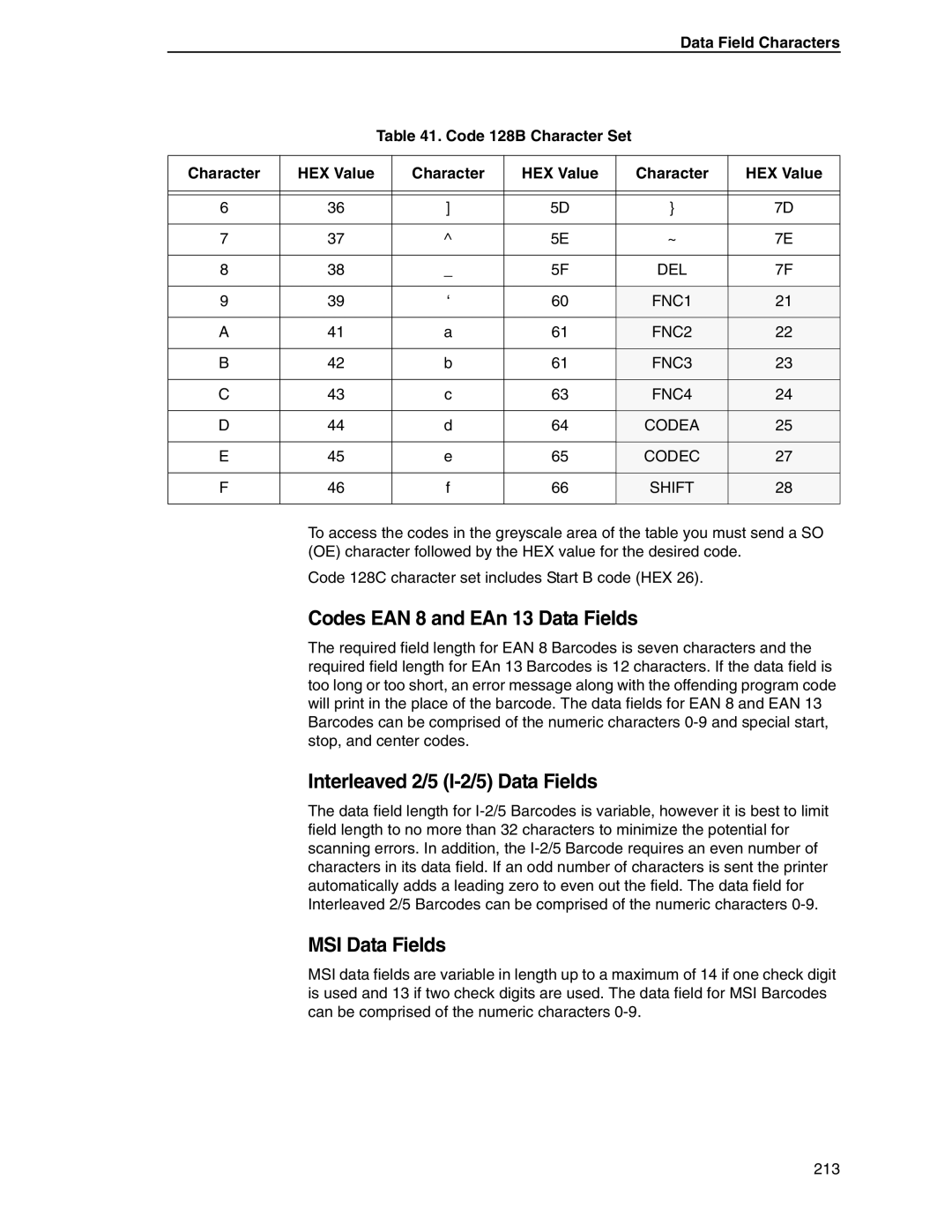 Tally Genicom 6600 manual Codes EAN 8 and EAn 13 Data Fields, Interleaved 2/5 I-2/5 Data Fields, MSI Data Fields 