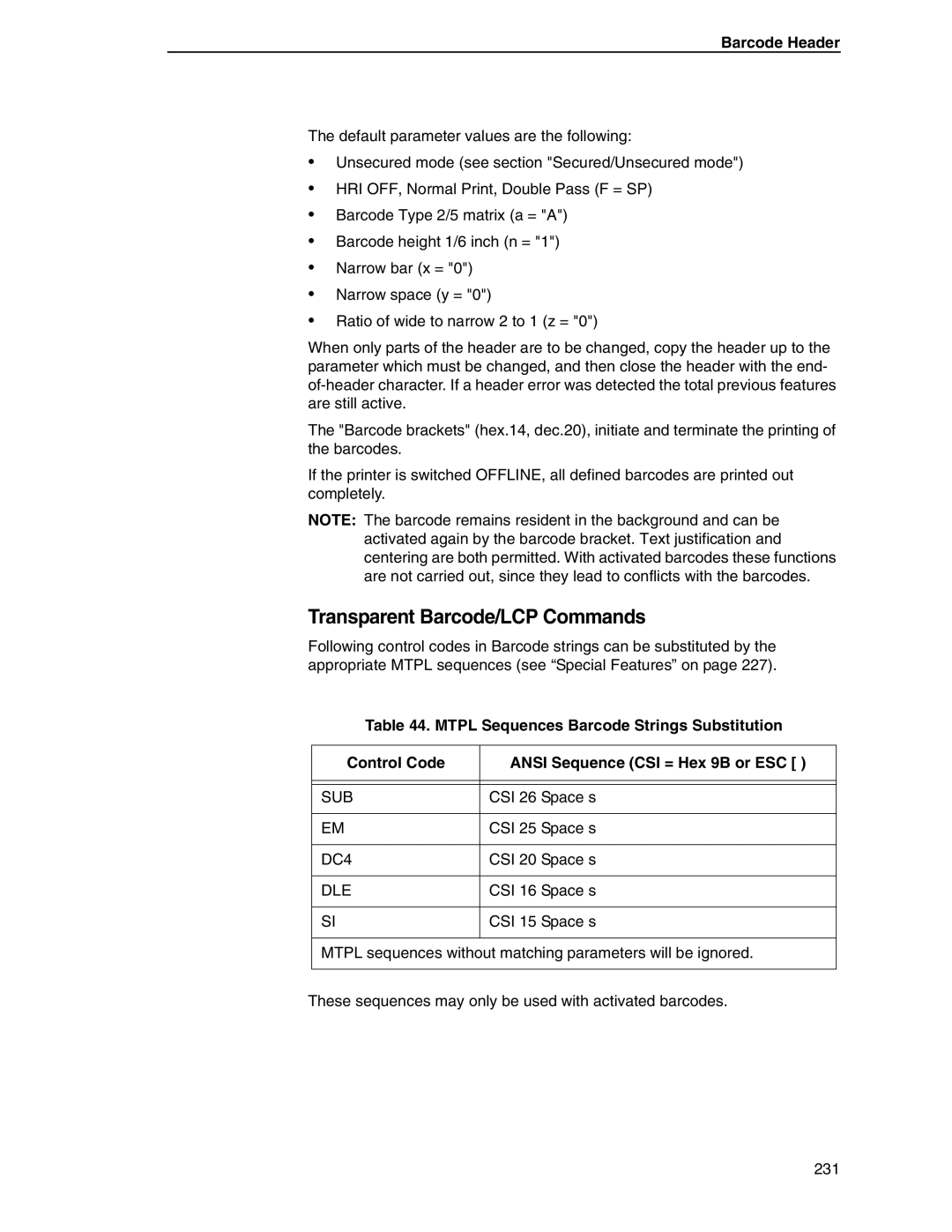 Tally Genicom 6600 manual Transparent Barcode/LCP Commands, Barcode Header 