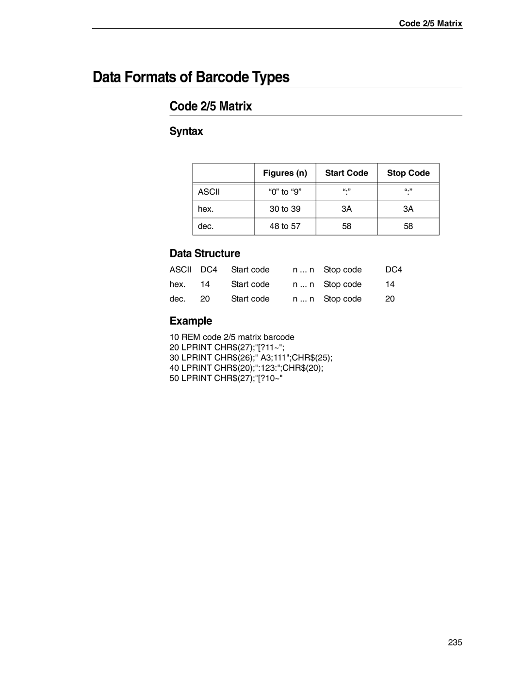 Tally Genicom 6600 manual Data Formats of Barcode Types, Code 2/5 Matrix, Syntax, Example 