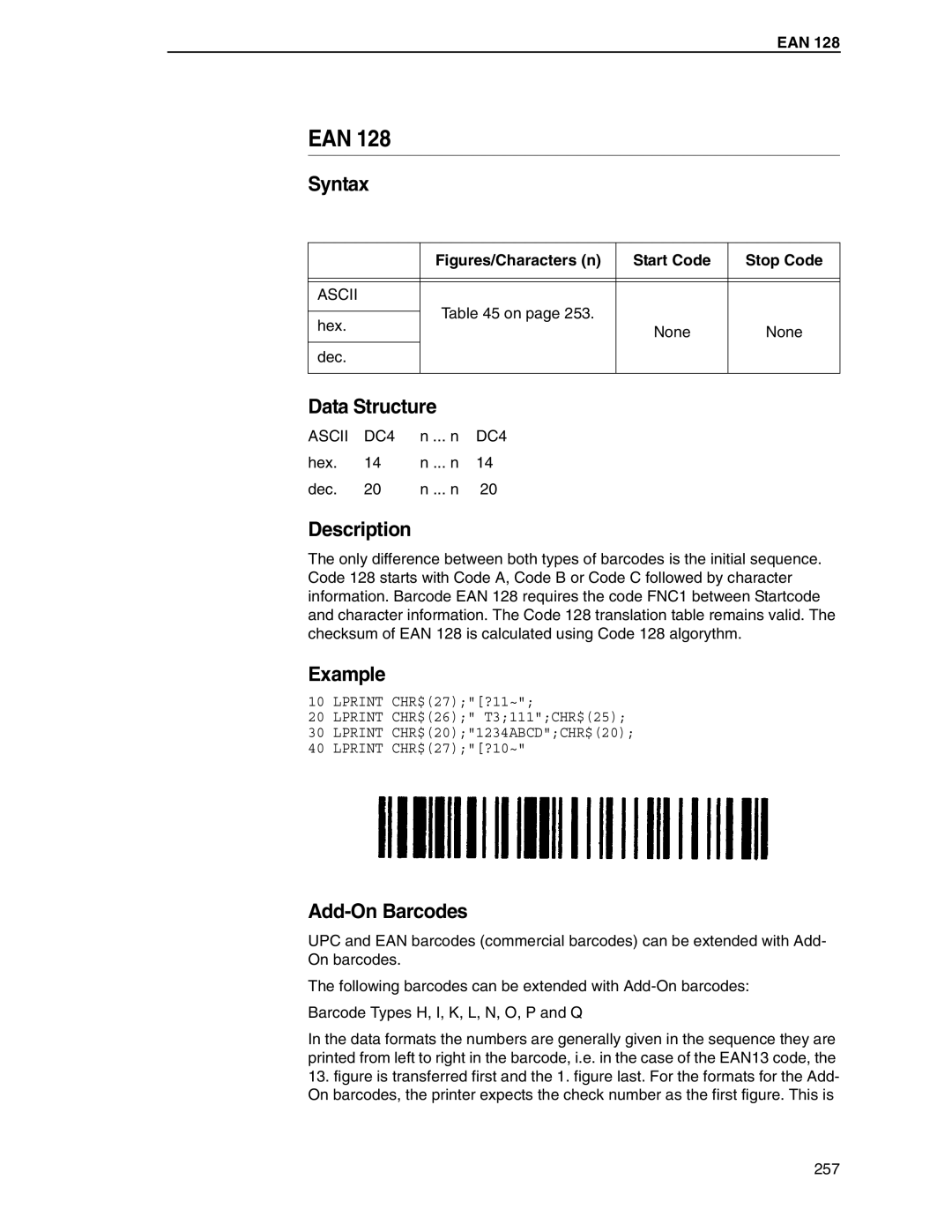 Tally Genicom 6600 manual Add-On Barcodes, Figures/Characters n Start Code Stop Code 