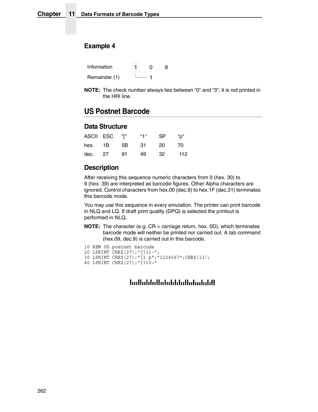 Tally Genicom 6600 manual US Postnet Barcode, Data Structure 