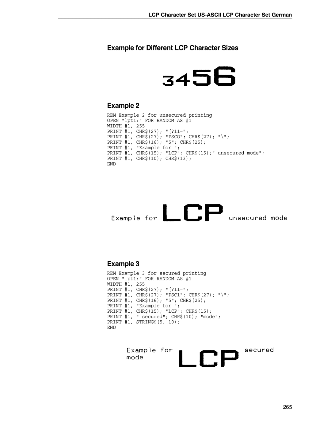 Tally Genicom 6600 manual Example for Different LCP Character Sizes, LCP Character Set US-ASCII LCP Character Set German 