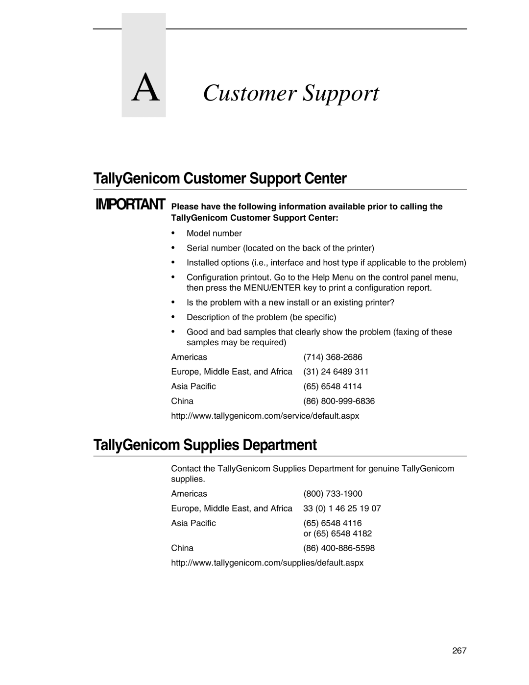 Tally Genicom 6600 manual TallyGenicom Customer Support Center, TallyGenicom Supplies Department 