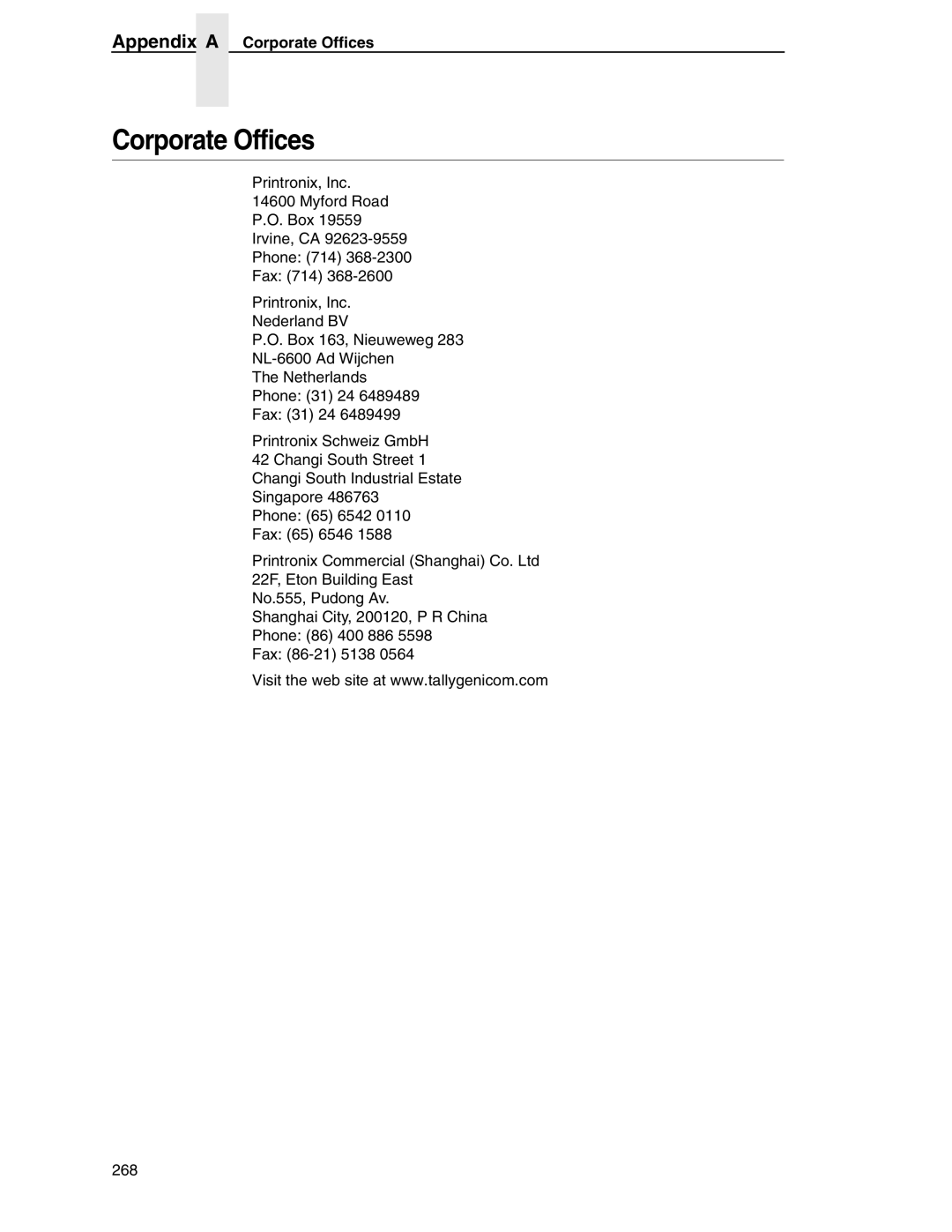 Tally Genicom 6600 manual Appendix a Corporate Offices 