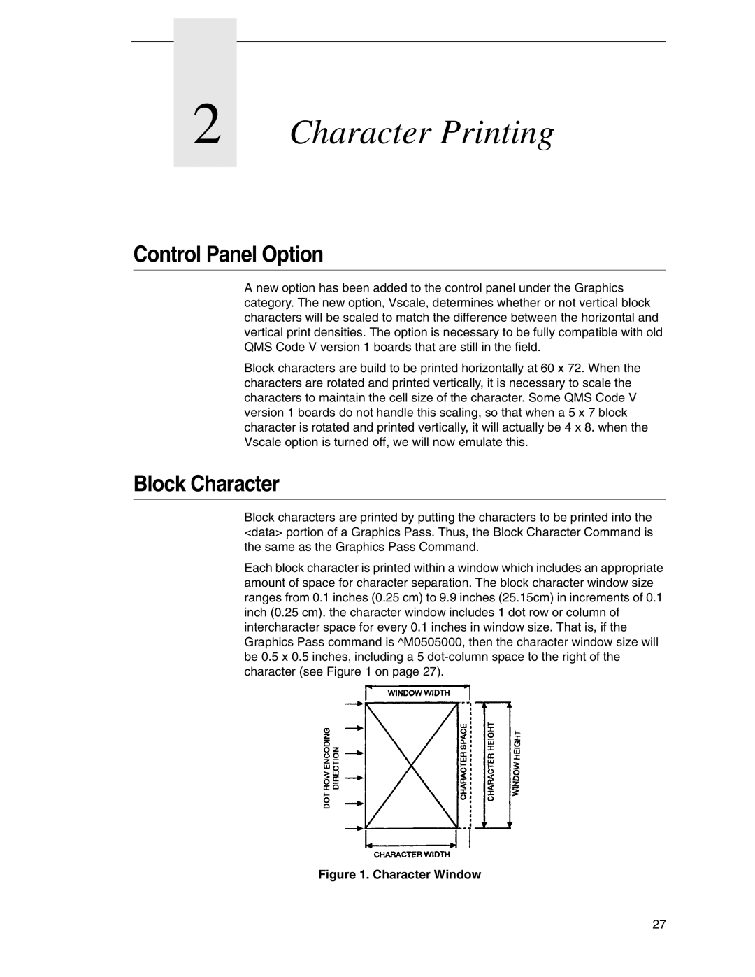 Tally Genicom 6600 manual Character Printing, Control Panel Option, Block Character 