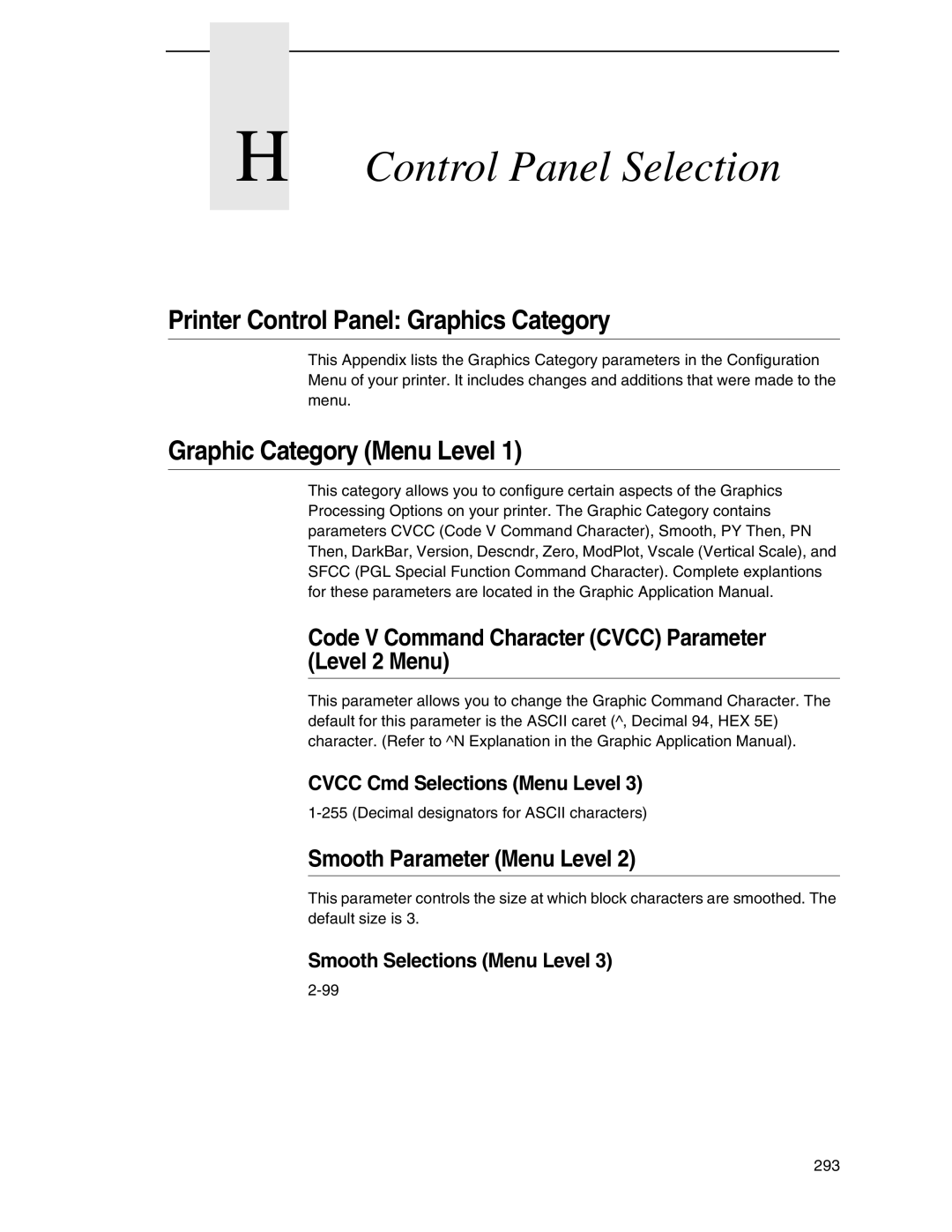 Tally Genicom 6600 manual Control Panel Selection, Code V Command Character Cvcc Parameter Level 2 Menu 