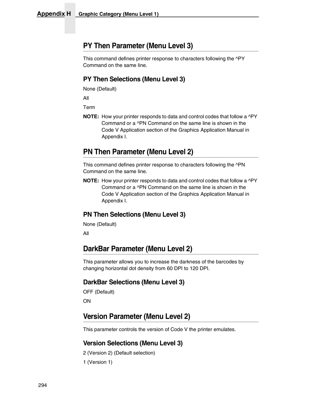 Tally Genicom 6600 manual PY Then Parameter Menu Level, PN Then Parameter Menu Level, DarkBar Parameter Menu Level 