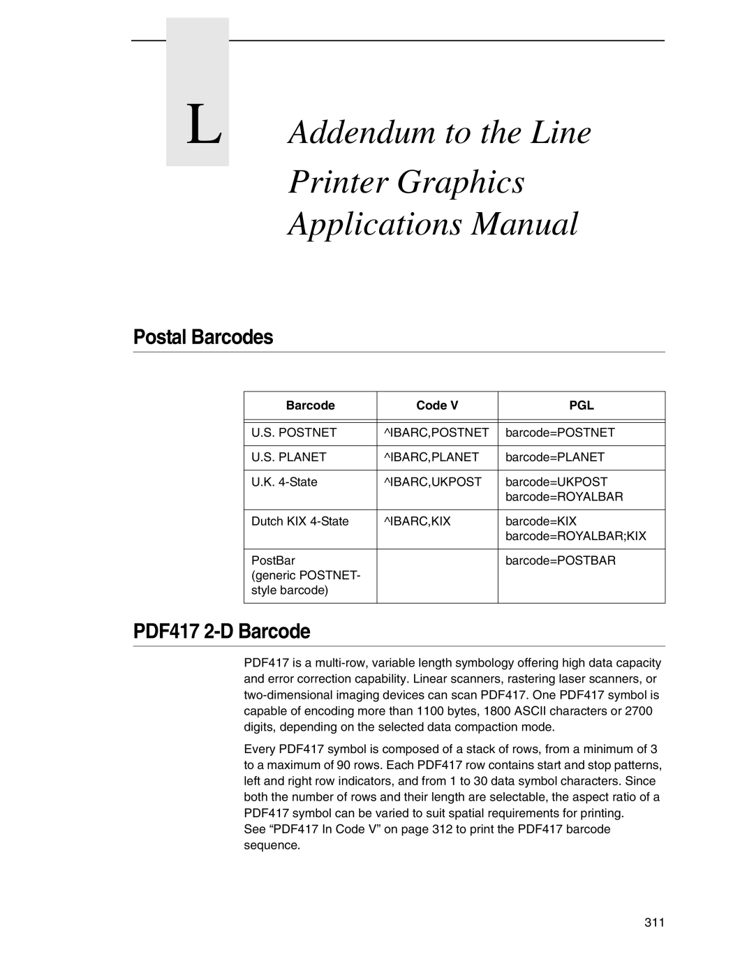 Tally Genicom 6600 manual Addendum to the Line Printer Graphics Applications Manual, Barcode Code 