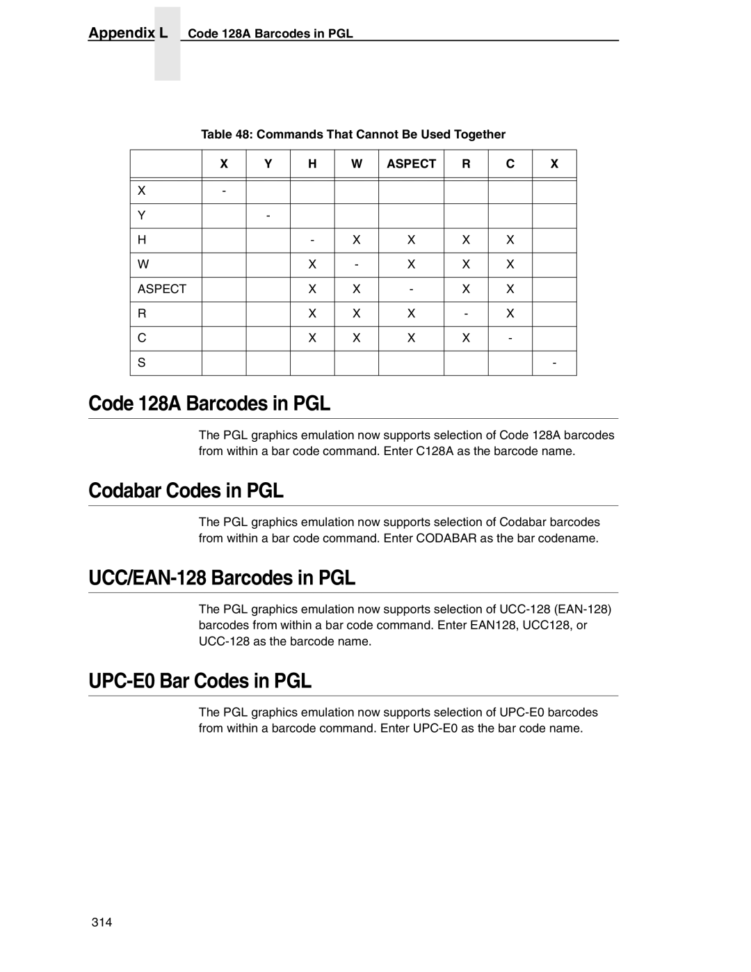 Tally Genicom 6600 manual Code 128A Barcodes in PGL, Aspect 