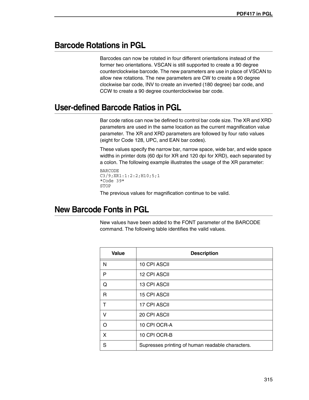 Tally Genicom 6600 manual Value Description, CPI Ascii, Cpi Ocr-A, Cpi Ocr-B 