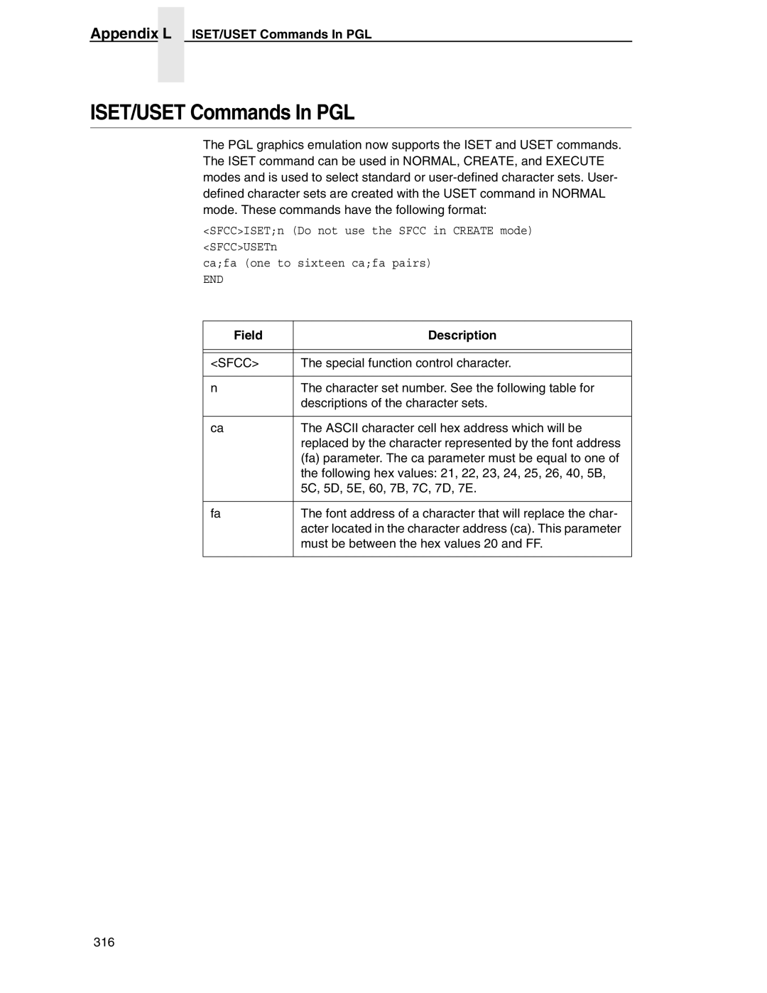 Tally Genicom 6600 manual Appendix L ISET/USET Commands In PGL, Field Description 