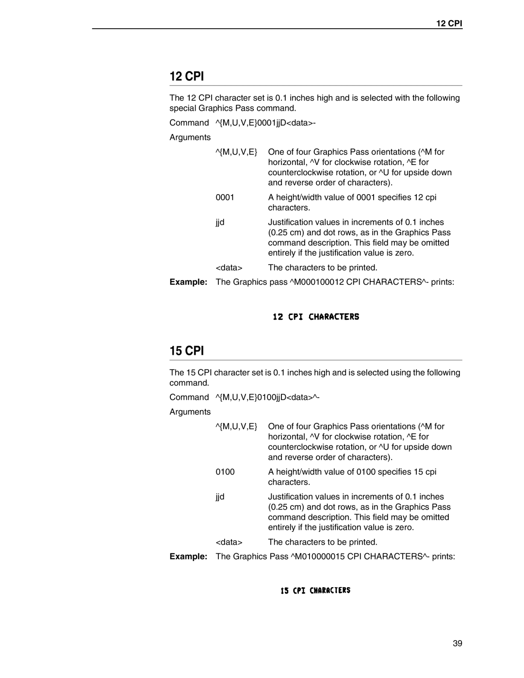 Tally Genicom 6600 manual 12 CPI, 15 CPI 