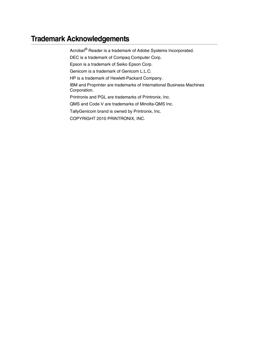 Tally Genicom 6600 manual Trademark Acknowledgements 