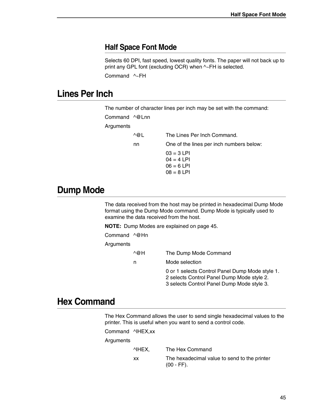 Tally Genicom 6600 manual Lines Per Inch, Dump Mode, Hex Command, Half Space Font Mode 