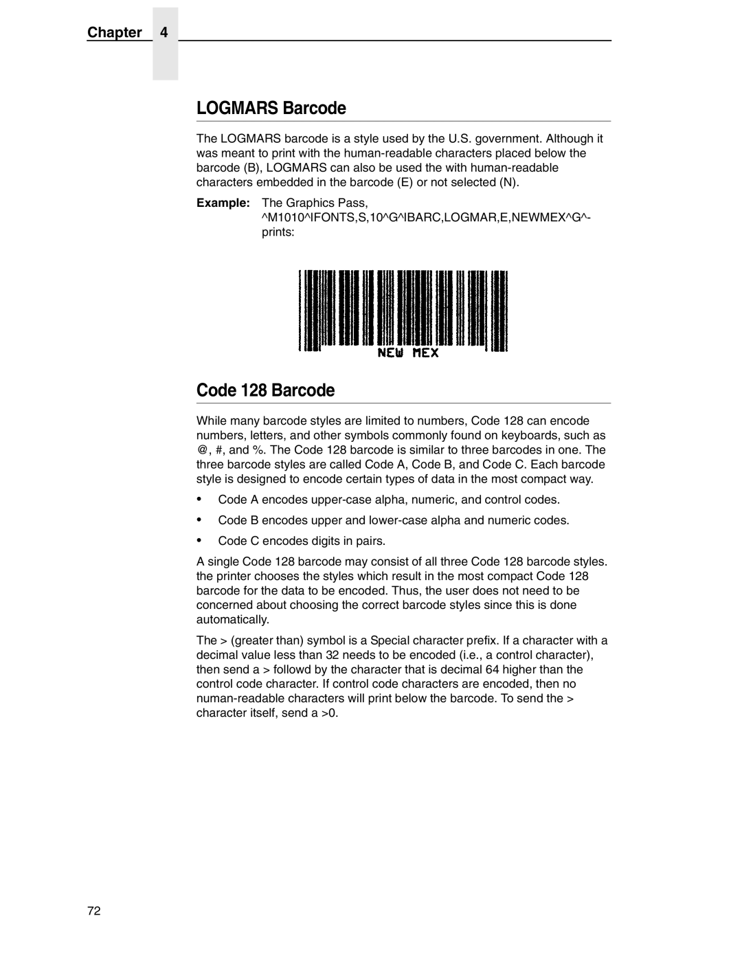 Tally Genicom 6600 manual Logmars Barcode, Code 128 Barcode 