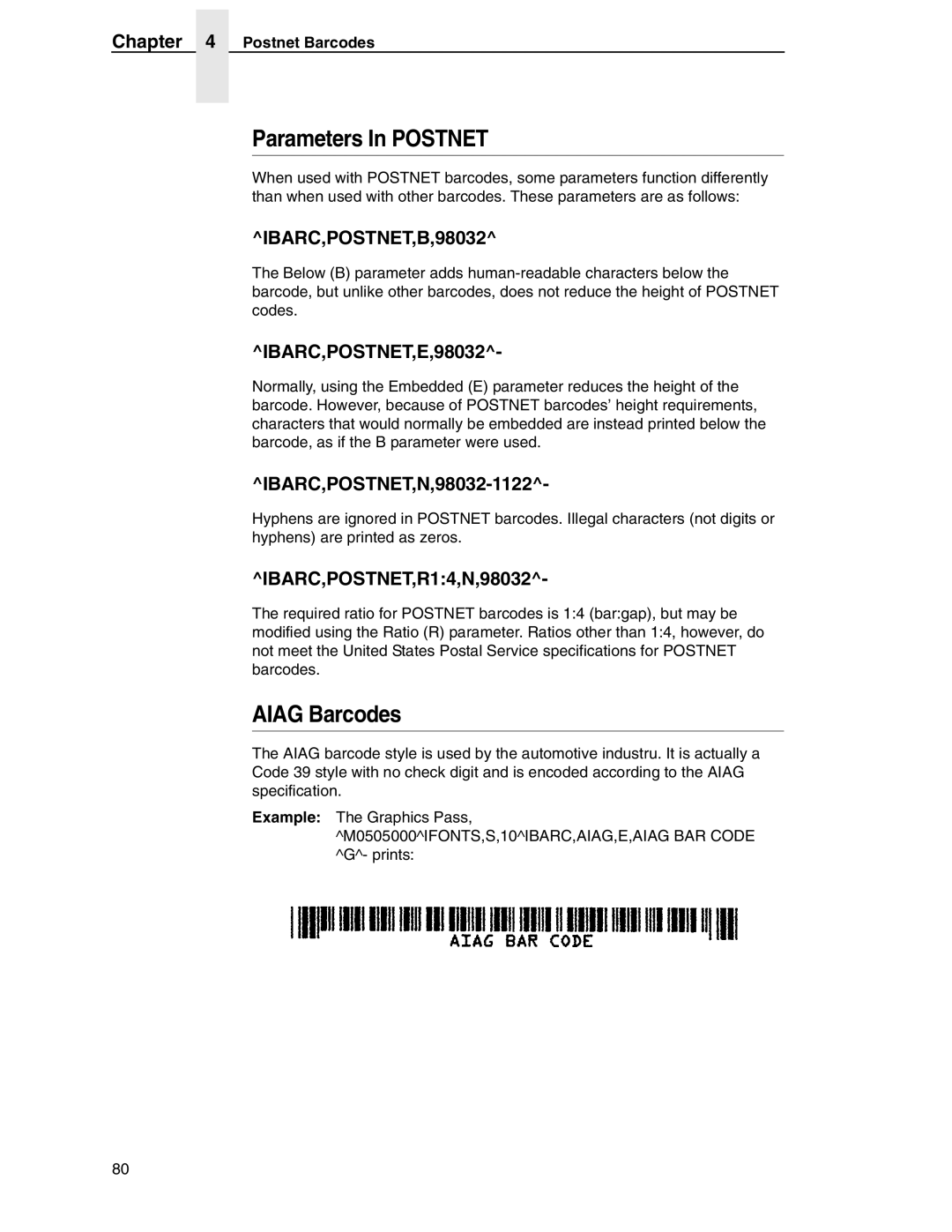 Tally Genicom 6600 manual Parameters In Postnet, Aiag Barcodes, Postnet Barcodes 