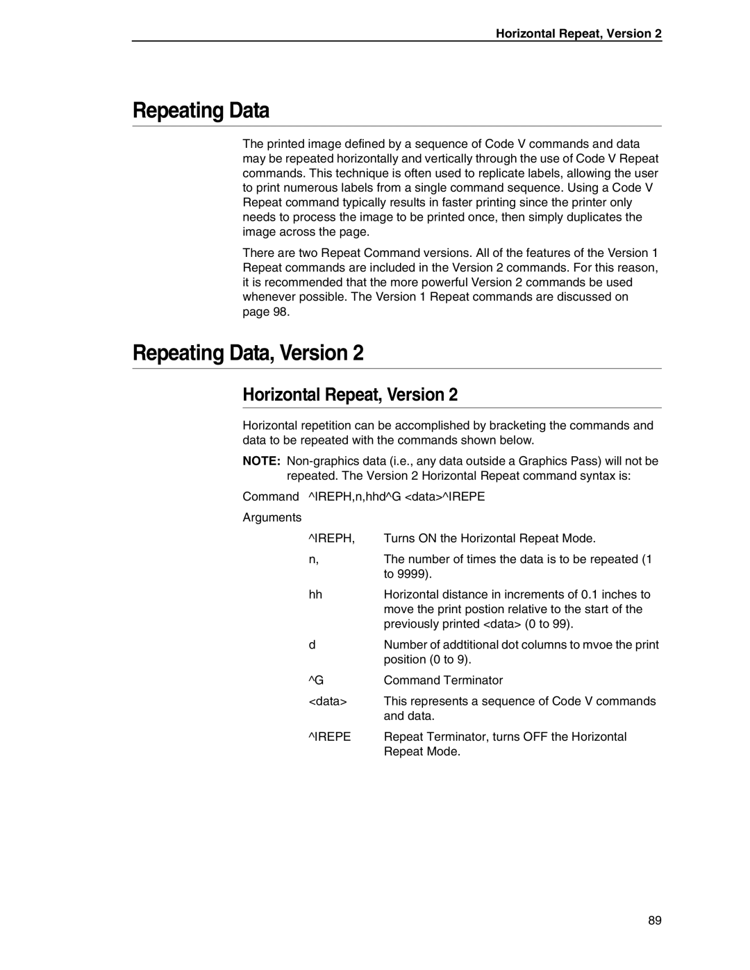 Tally Genicom 6600 manual Repeating Data, Version, Horizontal Repeat, Version 