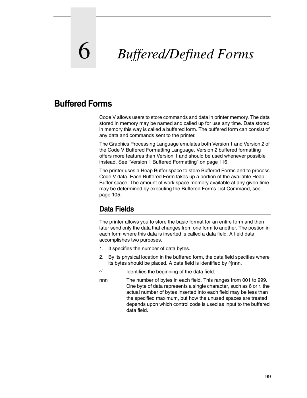 Tally Genicom 6600 manual Buffered/Defined Forms, Buffered Forms, Data Fields 