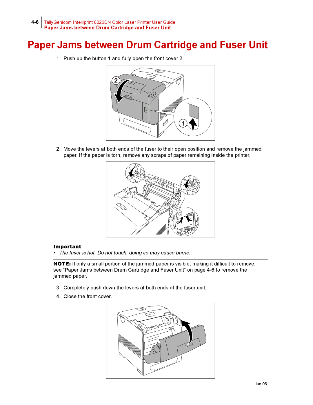 Tally Genicom 8026DN manual Paper Jams between Drum Cartridge and Fuser Unit 