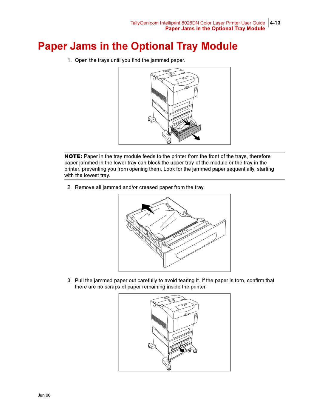 Tally Genicom 8026DN manual Paper Jams in the Optional Tray Module 