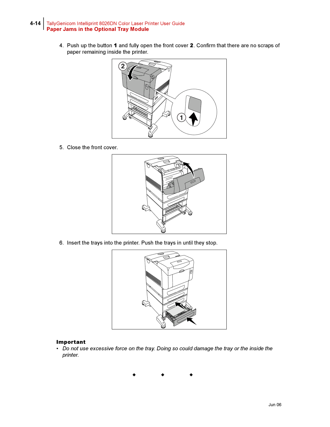 Tally Genicom 8026DN manual Paper Jams in the Optional Tray Module 