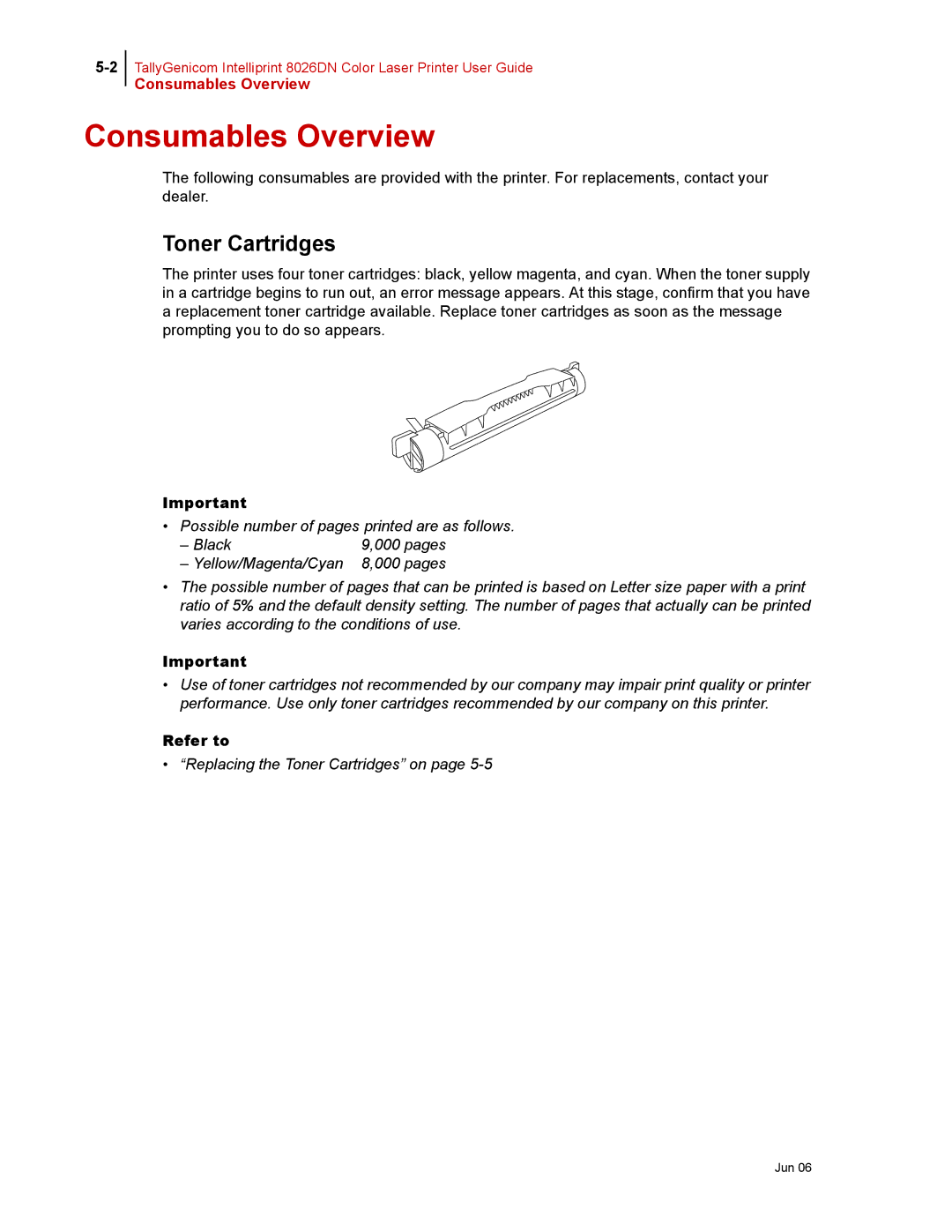 Tally Genicom 8026DN manual Consumables Overview, Toner Cartridges 