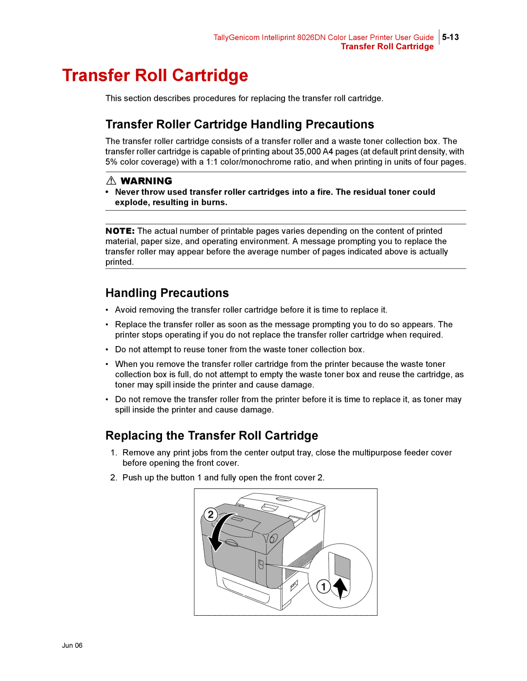 Tally Genicom 8026DN manual Transfer Roll Cartridge, Transfer Roller Cartridge Handling Precautions 