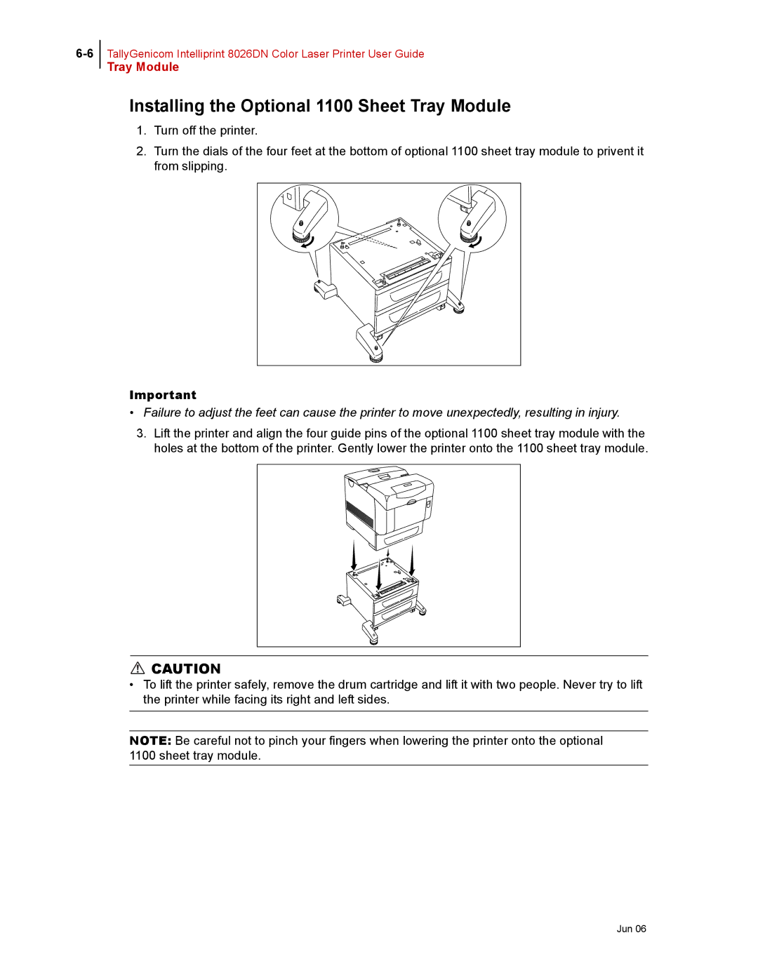 Tally Genicom 8026DN manual Installing the Optional 1100 Sheet Tray Module 