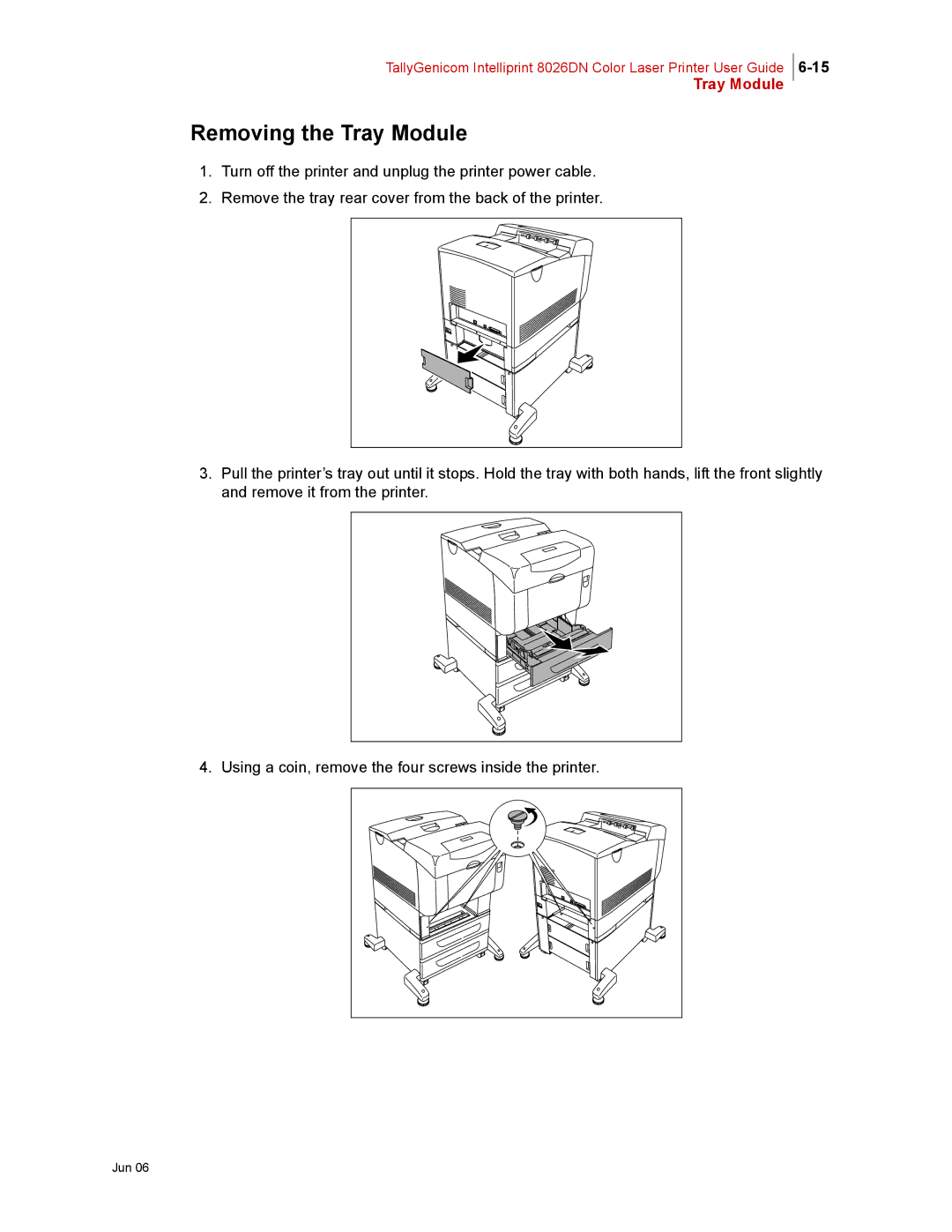 Tally Genicom 8026DN manual Removing the Tray Module 