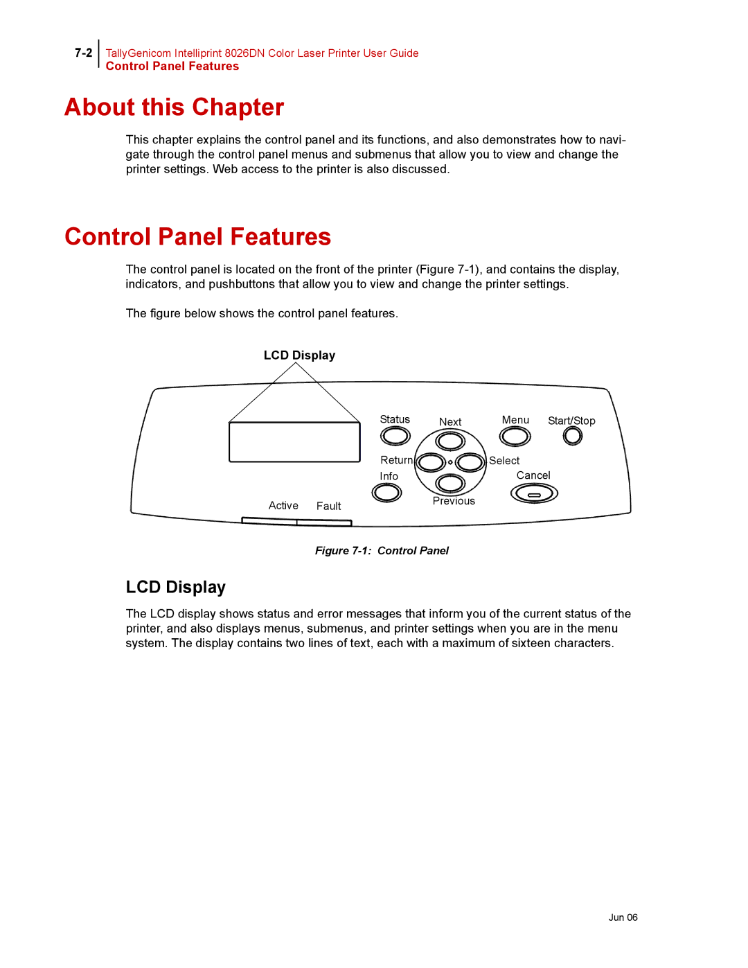 Tally Genicom 8026DN manual Control Panel Features, LCD Display 