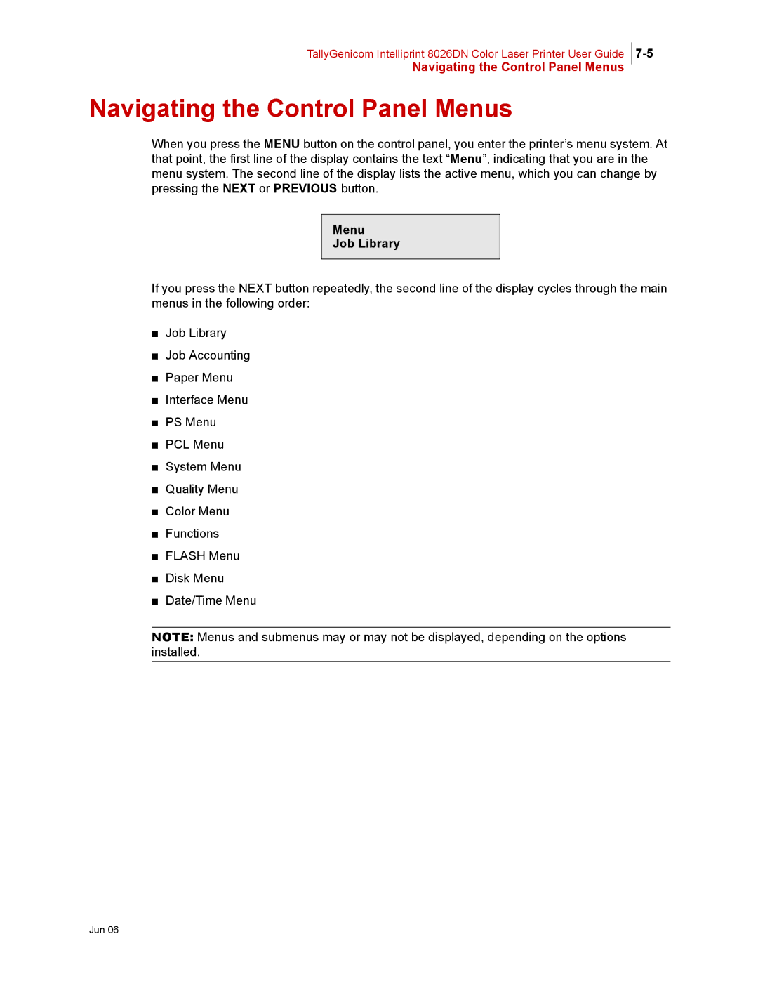 Tally Genicom 8026DN manual Navigating the Control Panel Menus, Menu Job Library 