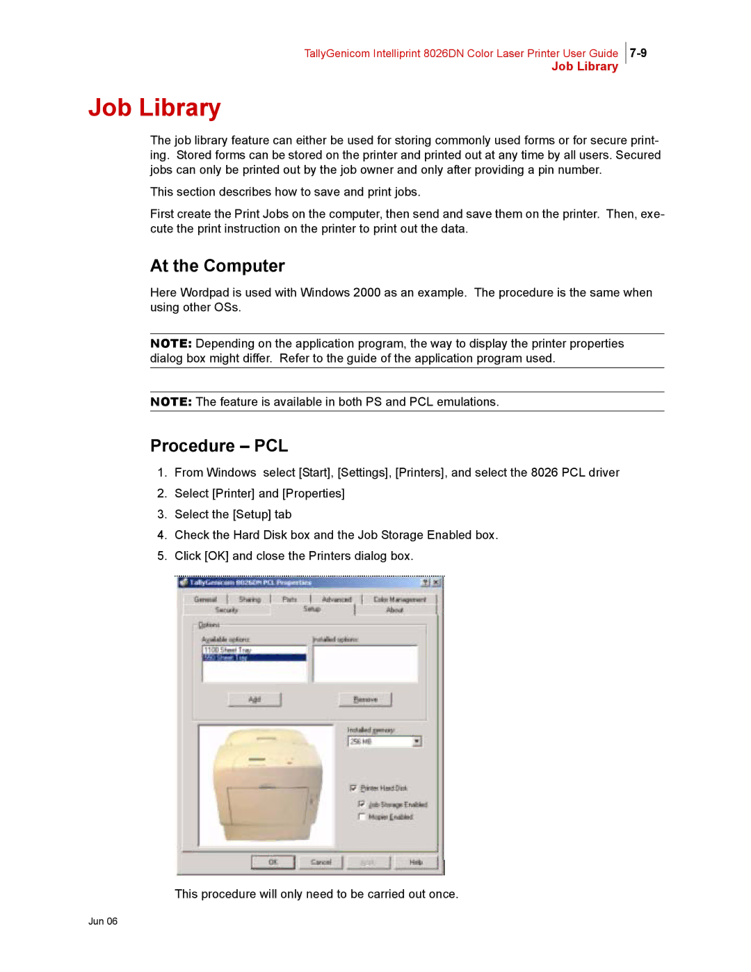 Tally Genicom 8026DN manual Job Library, At the Computer, Procedure PCL 