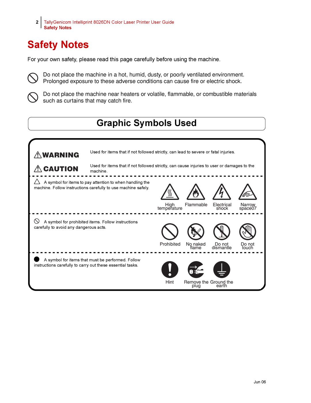 Tally Genicom 8026DN manual Safety Notes, Graphic Symbols Used 