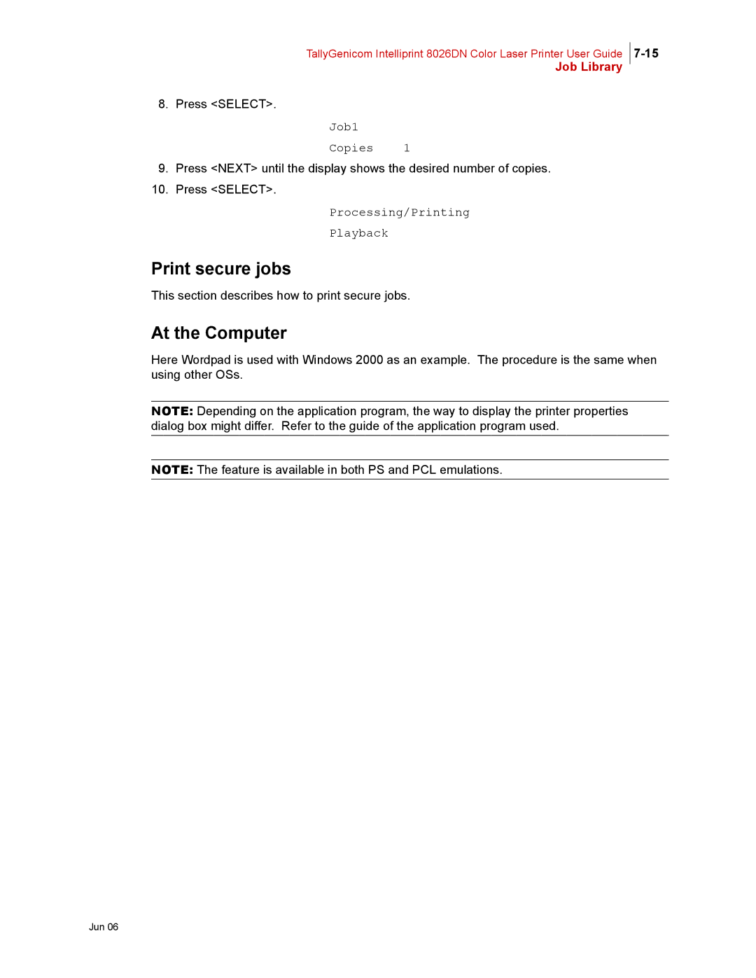 Tally Genicom 8026DN manual Print secure jobs, At the Computer 