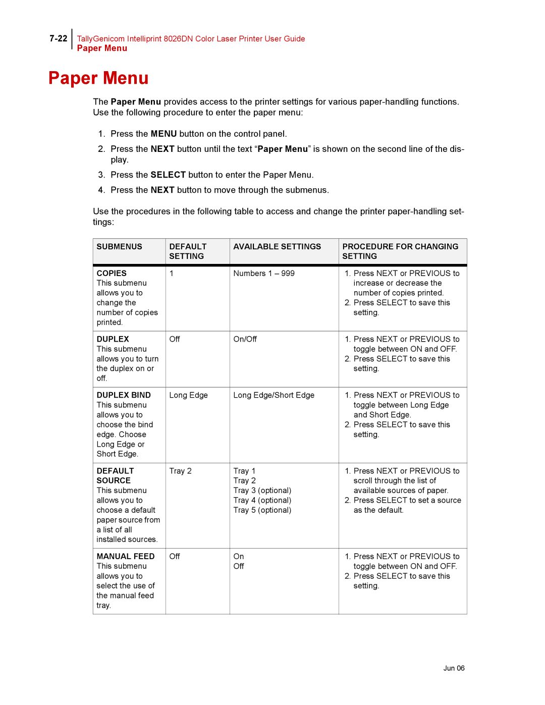 Tally Genicom 8026DN manual Paper Menu, Duplex Bind, Source, Manual Feed 