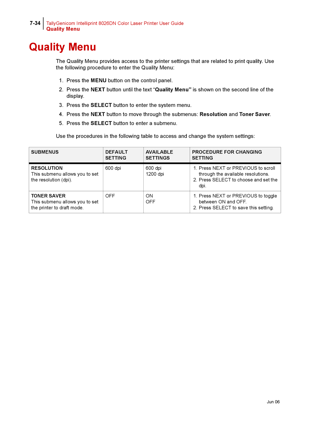 Tally Genicom 8026DN manual Quality Menu, Toner Saver 