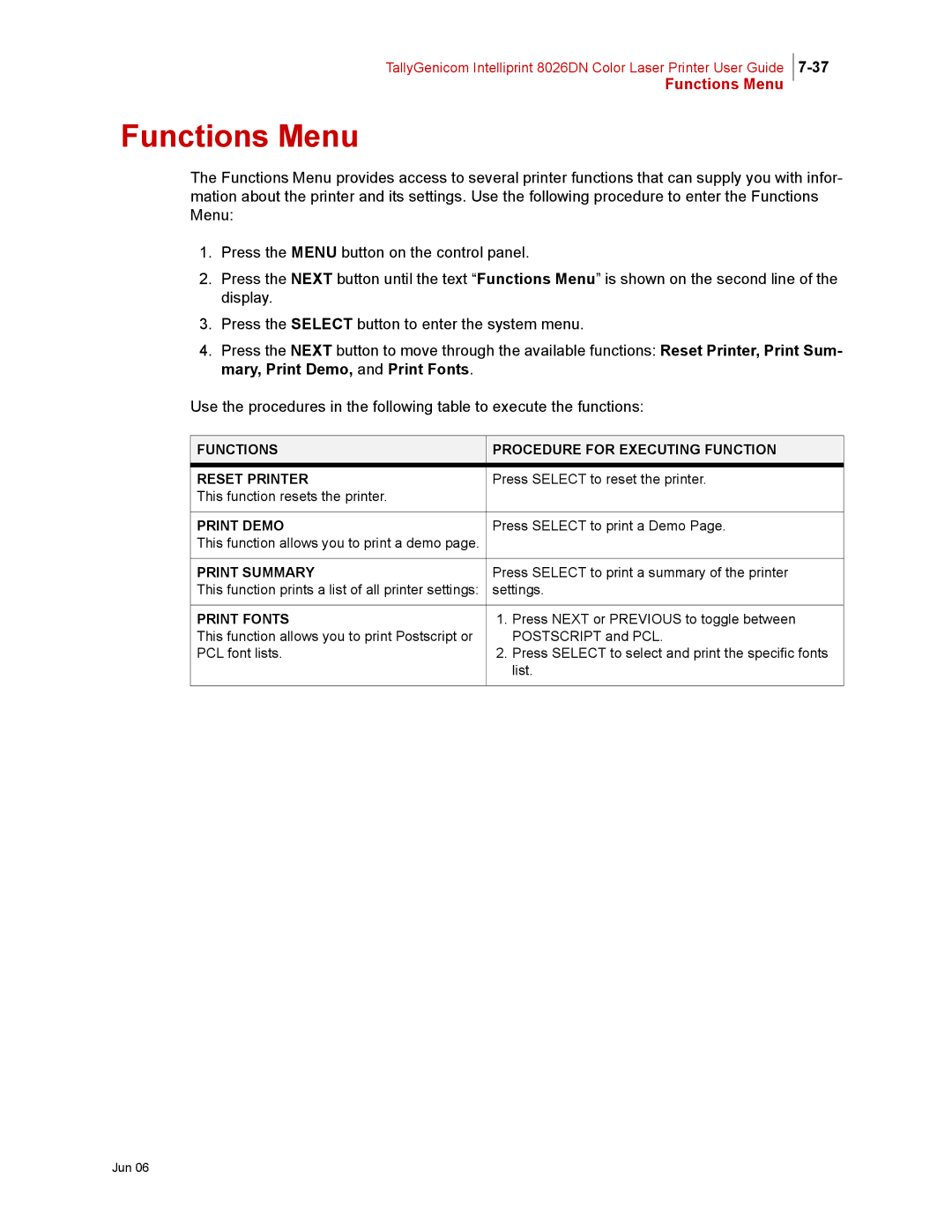 Tally Genicom 8026DN Functions Menu, Functions Procedure for Executing Function Reset Printer, Print Demo, Print Summary 