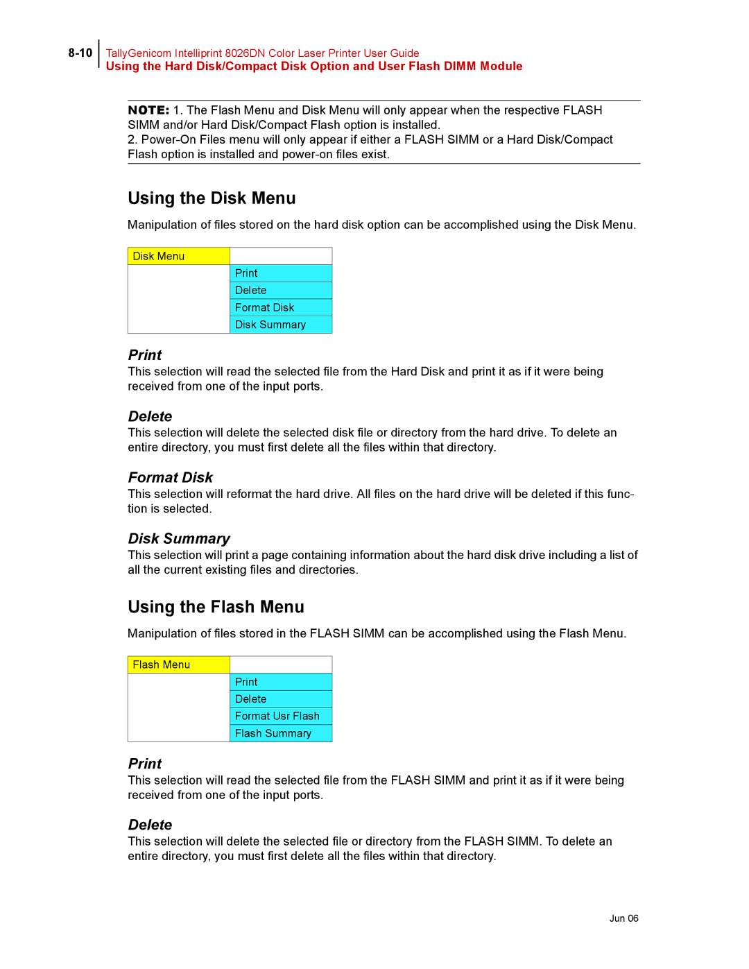 Tally Genicom 8026DN manual Using the Disk Menu, Using the Flash Menu 