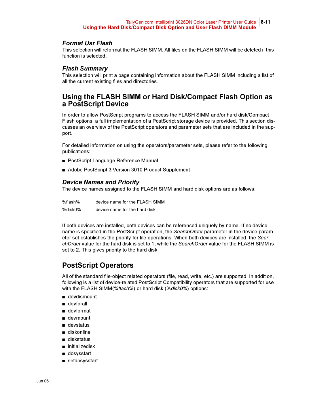 Tally Genicom 8026DN manual PostScript Operators, Format Usr Flash 