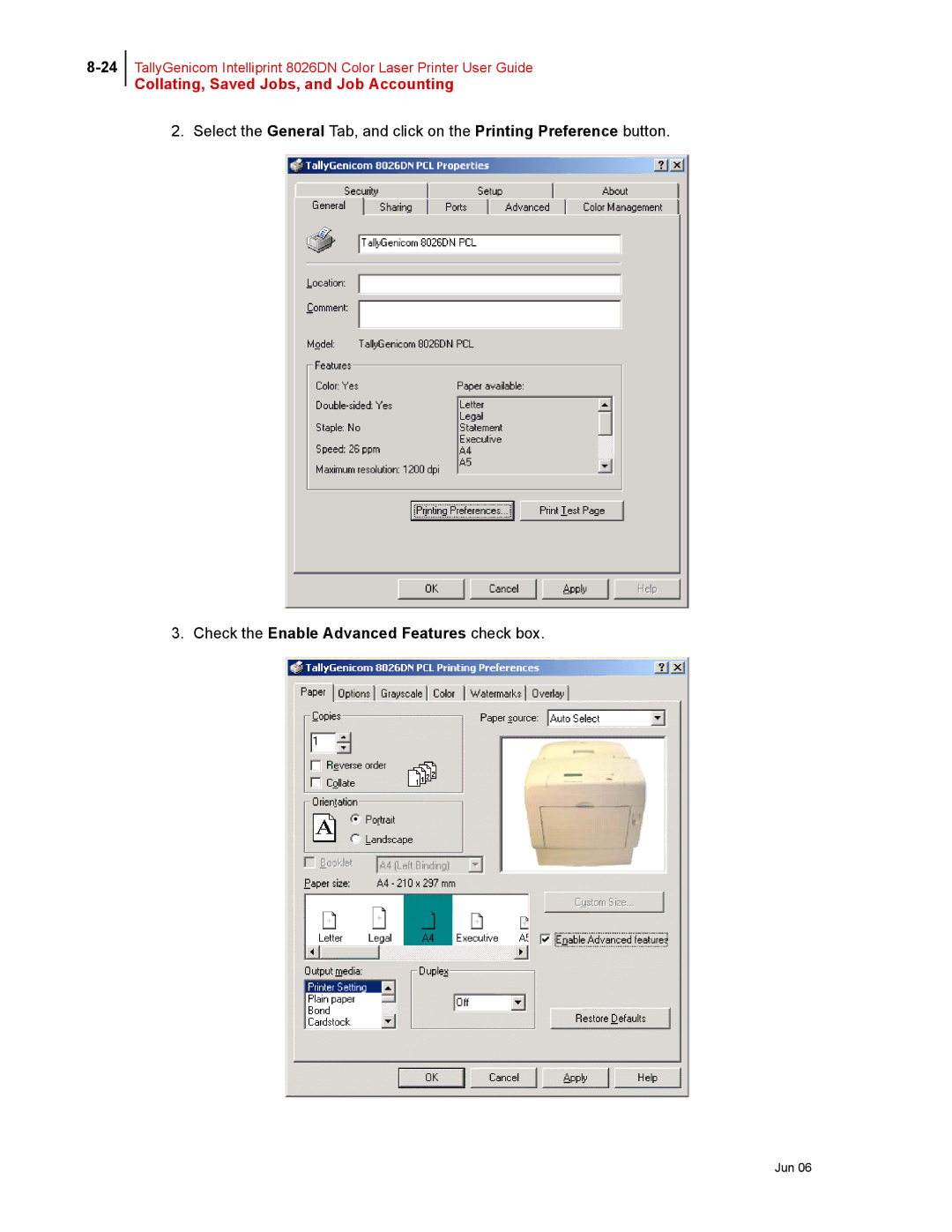 Tally Genicom 8026DN manual Check the Enable Advanced Features check box 