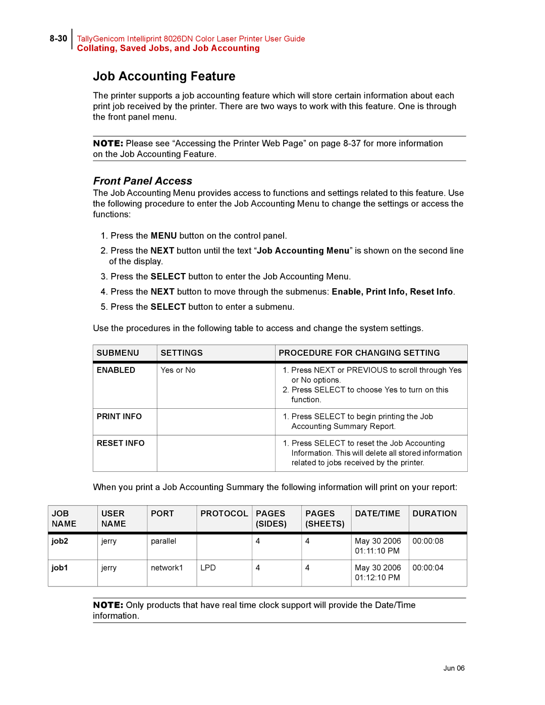 Tally Genicom 8026DN manual Job Accounting Feature, Enabled, Print Info, Reset Info 