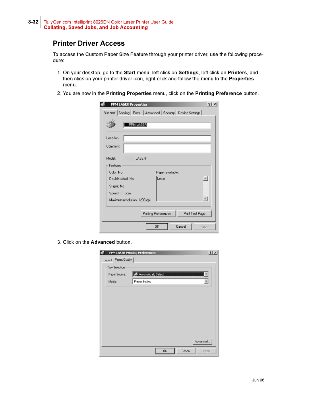 Tally Genicom 8026DN manual Printer Driver Access 