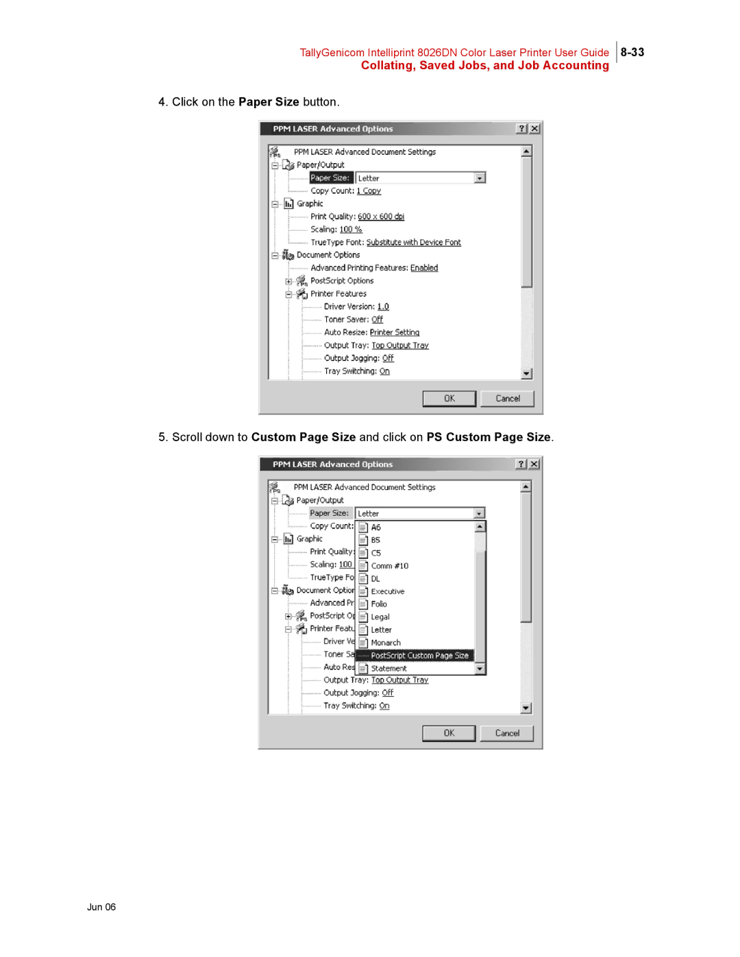 Tally Genicom 8026DN manual Click on the Paper Size button 