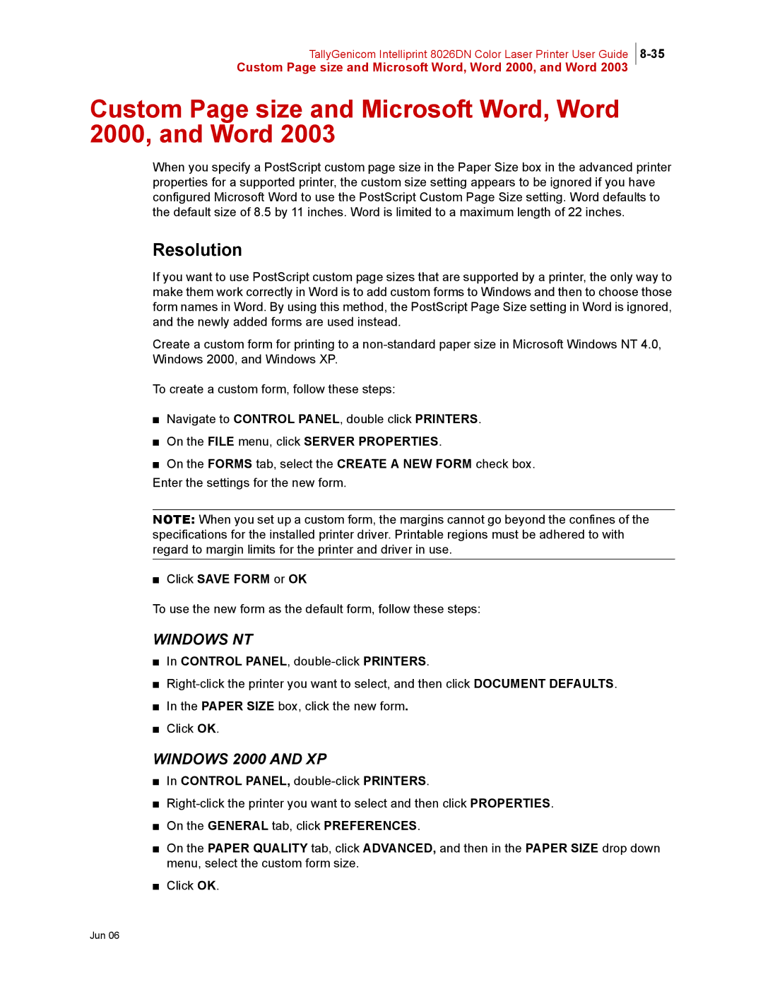 Tally Genicom 8026DN manual Custom Page size and Microsoft Word, Word 2000, and Word, Resolution, Click Save Form or OK 