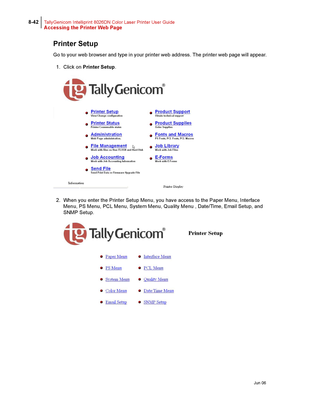 Tally Genicom 8026DN manual Click on Printer Setup 