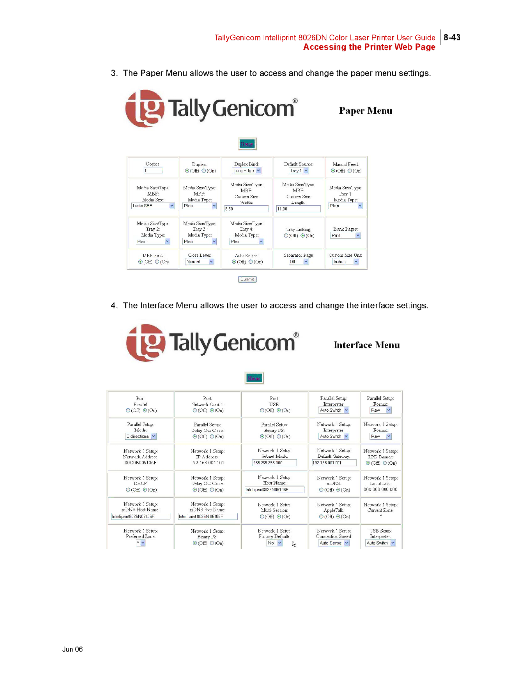 Tally Genicom 8026DN manual Accessing the Printer Web 