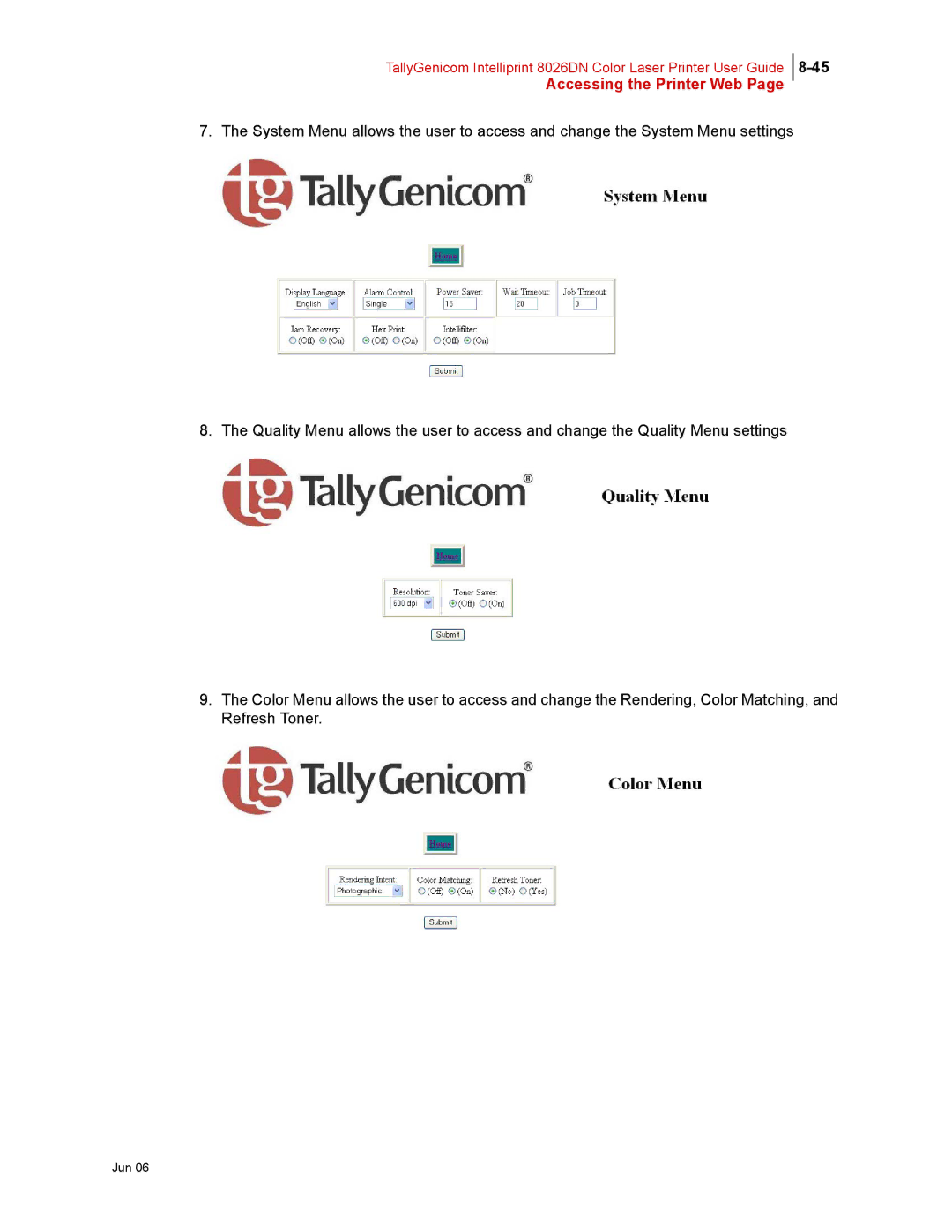 Tally Genicom 8026DN manual Accessing the Printer Web 