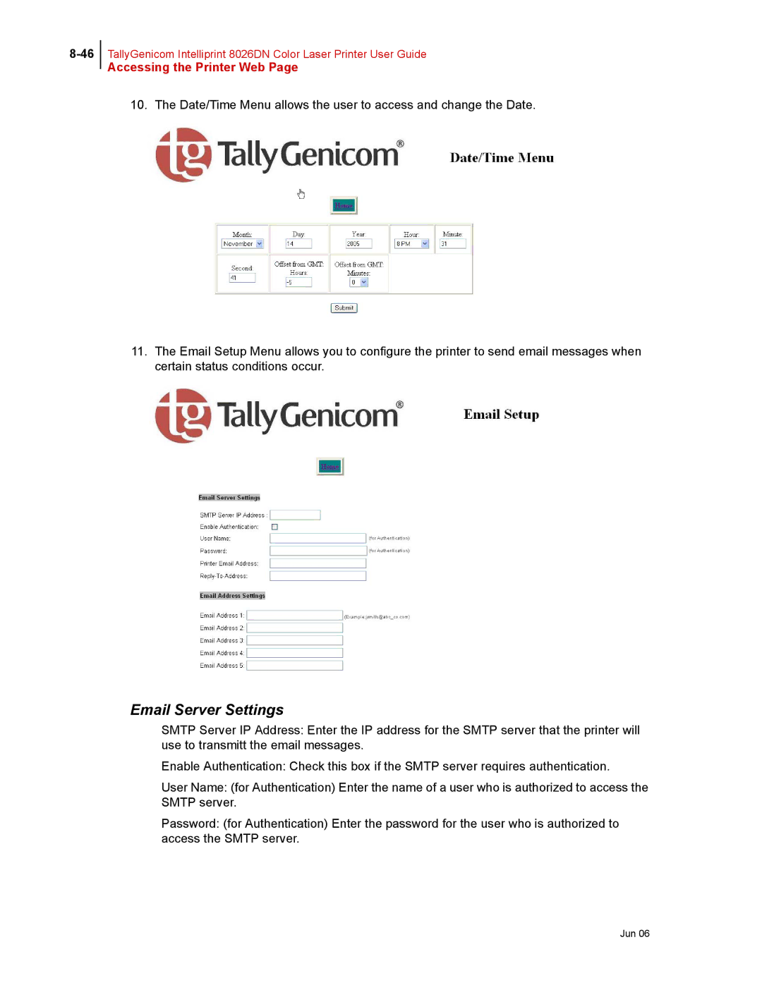 Tally Genicom 8026DN manual Email Server Settings 