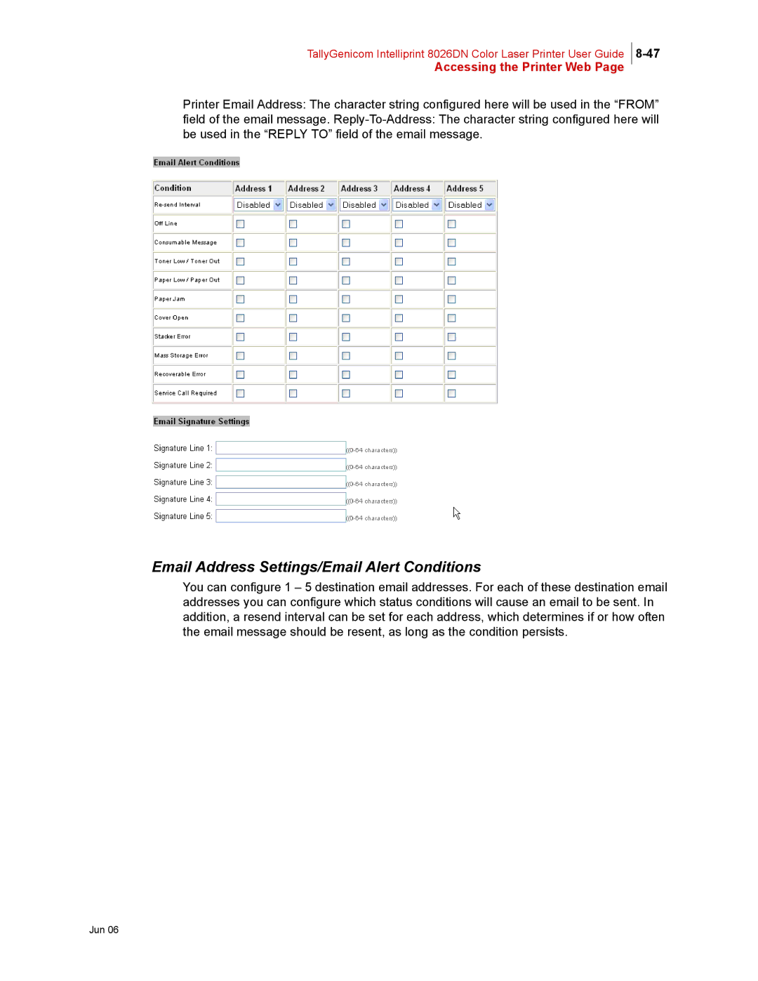 Tally Genicom 8026DN manual Email Address Settings/Email Alert Conditions 